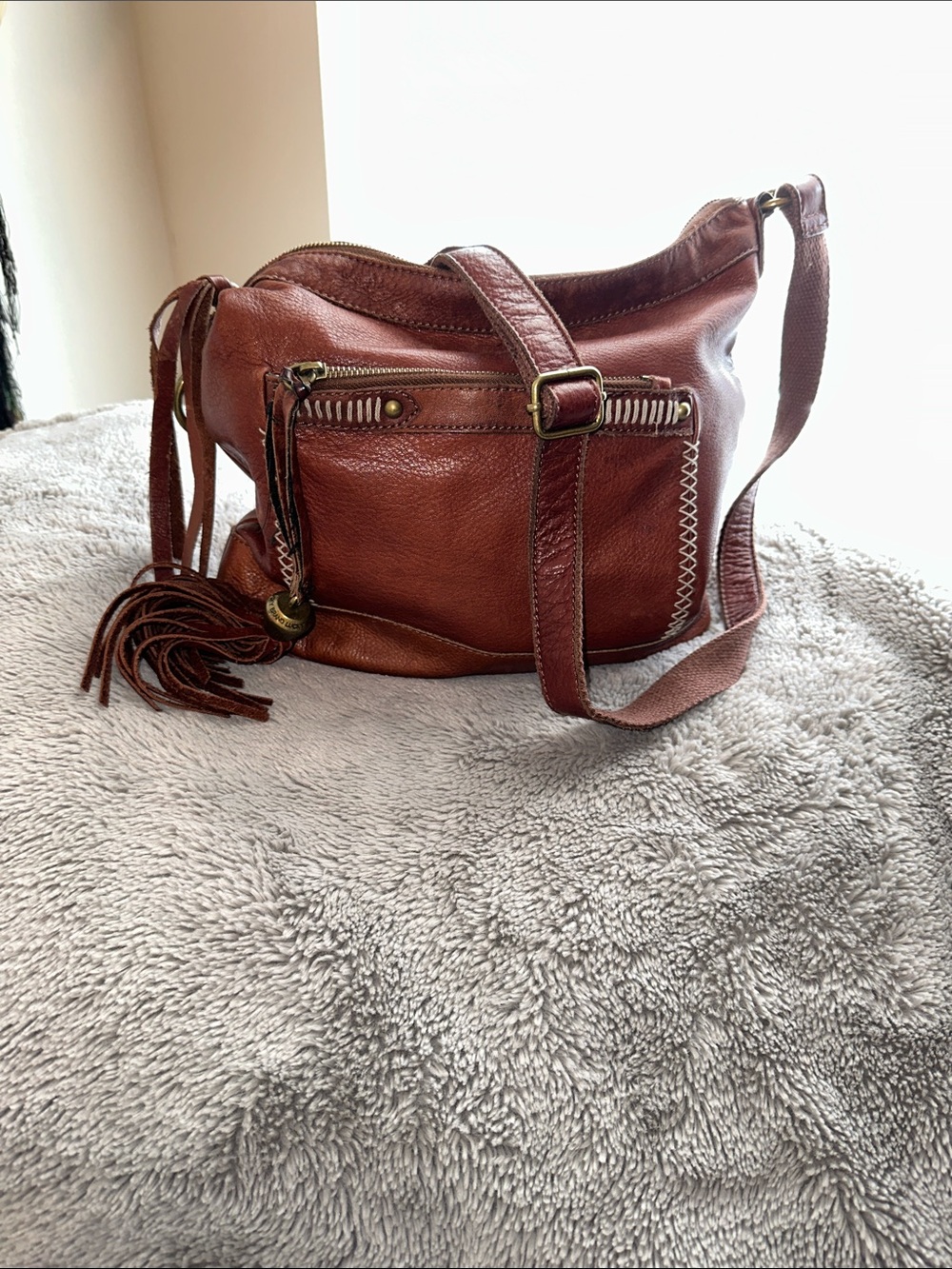 Lucky Brand Russet Brown Leather Tassel Cross-Body Bag